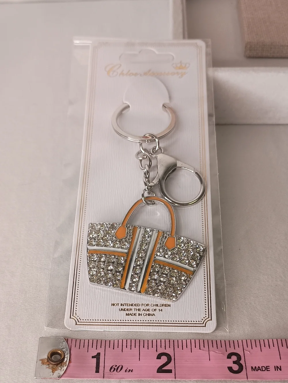Women's Rhinestone Orange Handbag Purse Keychain | SILVER Tone Bag Charm